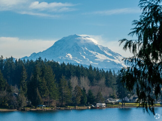 Modern view of Bonney Lake, Washington with Mount Rainier in the background