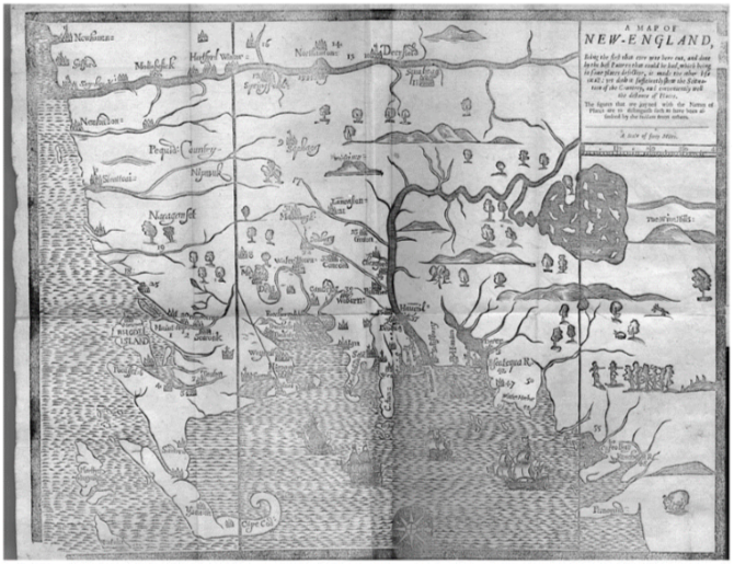 A Map of New England - 17th century map showing the coastline, settlements, and geographical features of New England during the Great Migration period